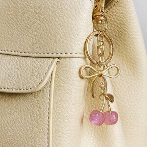 🍒 Pink Glitter Cherry Charm – Gold Bow Accent